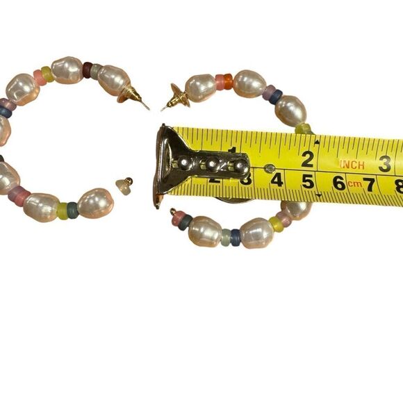 NWOT INC Gold-Tone Large Multicolor Bead & Imitation Pearl C-Hoop Earrings, 2.5 - Picture 4 of 4